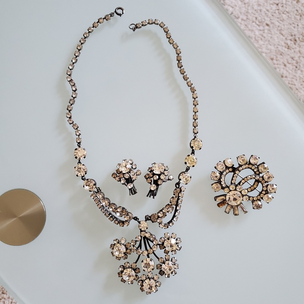 Antique Vintage French Paste Crystal Rhinestone Pendant Necklace Earrings SET